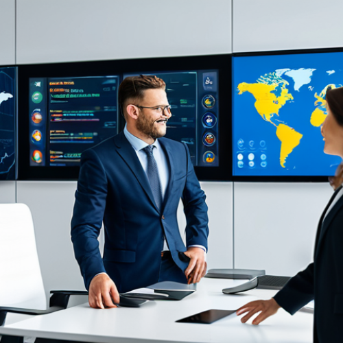 Home 11 A diverse group of professional adults, fully clothed in modest business attire, gathered around a large interactive screen in a modern, brightly lit office. The screen displays dynamic visualizations of global languages connecting, symbolizing seamless international communication and business expansion facilitated by advanced AI translation tools. The scene depicts collaboration and understanding across cultures. The atmosphere is professional and positive. safe for work, appropriate content, fully clothed, professional, perfect anatomy, correct proportions, natural pose, well-formed hands, proper finger count, natural body proportions, professional photography, high quality, appropriate attire.