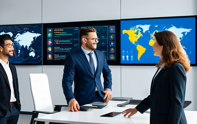 A diverse group of professional adults, fully clothed in modest business attire, gathered around a large interactive screen in a modern, brightly lit office. The screen displays dynamic visualizations of global languages connecting, symbolizing seamless international communication and business expansion facilitated by advanced AI translation tools. The scene depicts collaboration and understanding across cultures. The atmosphere is professional and positive. safe for work, appropriate content, fully clothed, professional, perfect anatomy, correct proportions, natural pose, well-formed hands, proper finger count, natural body proportions, professional photography, high quality, appropriate attire.