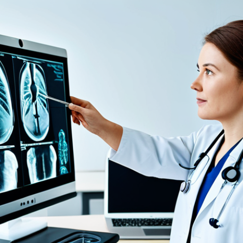Home 6 AI-Assisted Medical Diagnosis**
"A brightly lit, modern hospital examination room. A doctor in a professional white coat, fully clothed and wearing a stethoscope, reviews a digital X-ray displayed on a large monitor. The X-ray image is enhanced by AI highlighting potential anomalies. The scene emphasizes precision and advanced technology. Safe for work, appropriate content, professional setting, perfect anatomy, natural proportions, high quality."
**