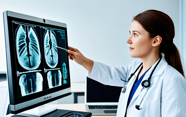 AI-Assisted Medical Diagnosis**
"A brightly lit, modern hospital examination room. A doctor in a professional white coat, fully clothed and wearing a stethoscope, reviews a digital X-ray displayed on a large monitor. The X-ray image is enhanced by AI highlighting potential anomalies. The scene emphasizes precision and advanced technology. Safe for work, appropriate content, professional setting, perfect anatomy, natural proportions, high quality."
**