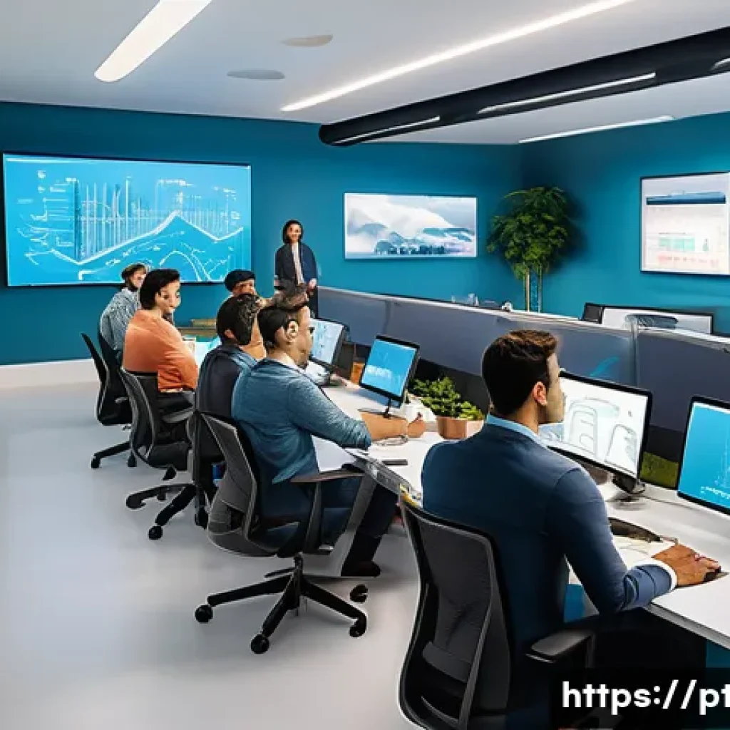 AI와 클라우드 컴퓨팅의 통합 - A modern Brazilian startup office environment with diverse professionals collaborating on cloud comp...