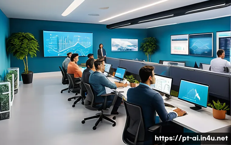 AI와 클라우드 컴퓨팅의 통합 - A modern Brazilian startup office environment with diverse professionals collaborating on cloud comp...