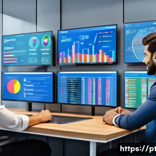 AI가 금융 산업에 미치는 영향 - A modern Brazilian fintech office environment showcasing diverse professionals analyzing real-time f...