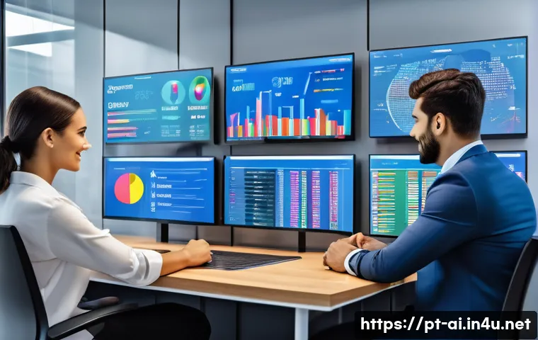 AI가 금융 산업에 미치는 영향 - A modern Brazilian fintech office environment showcasing diverse professionals analyzing real-time f...
