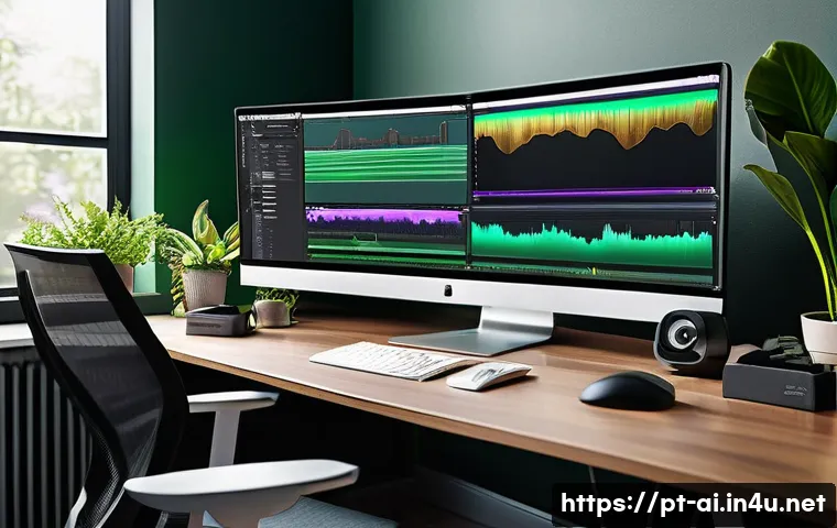 AI가 영상 편집 도구에 미친 영향 - A modern video editing workspace featuring a creative professional using advanced AI-powered softwar...