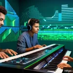 AI와 크리에이티브 산업의 융합 - A vibrant Brazilian music studio scene showing a diverse group of young musicians collaborating with...