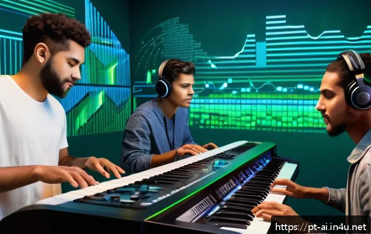 AI와 크리에이티브 산업의 융합 - A vibrant Brazilian music studio scene showing a diverse group of young musicians collaborating with...