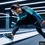 AI 기반 동작 인식 기술 - A futuristic sports training facility with an athlete wearing lightweight, sleek wearable sensors in...