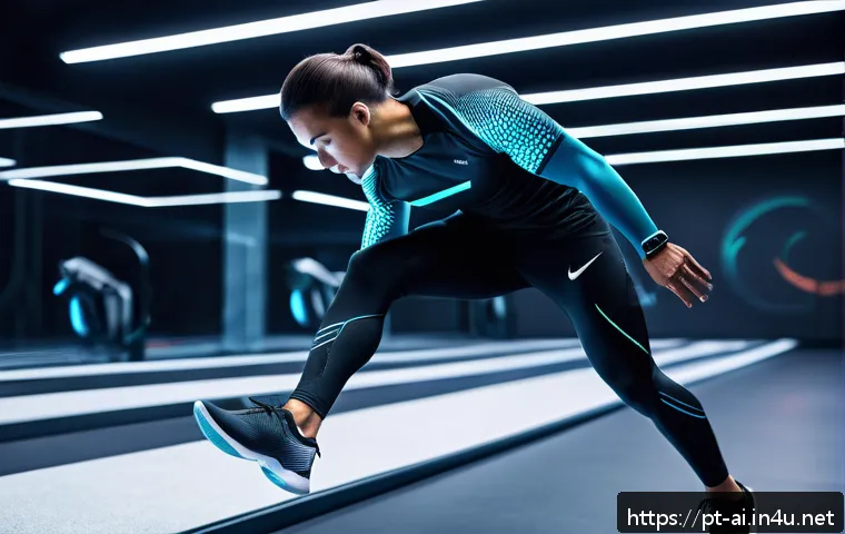 AI 기반 동작 인식 기술 - A futuristic sports training facility with an athlete wearing lightweight, sleek wearable sensors in...